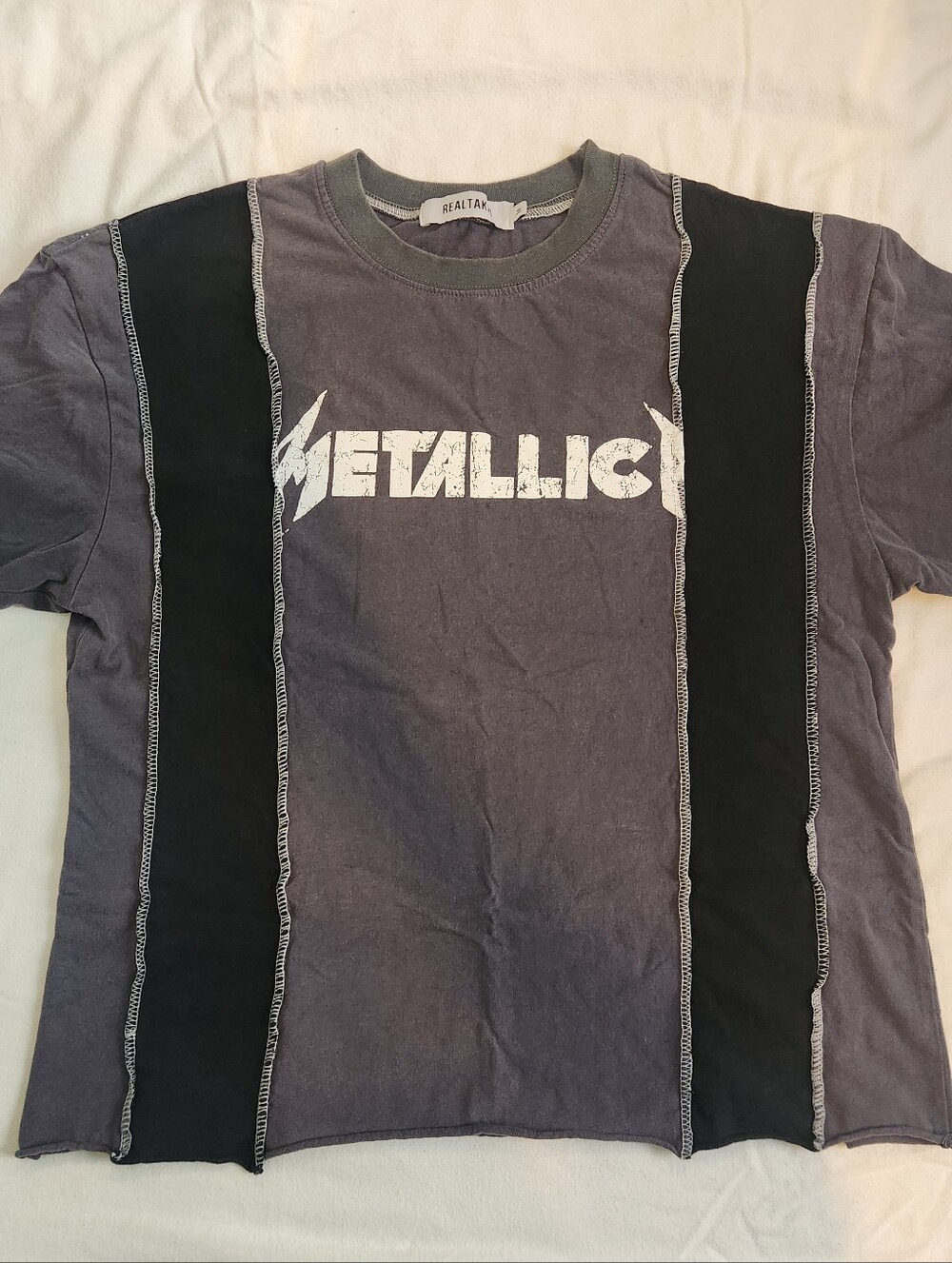 Gray Graphic Tee with Black Stripes